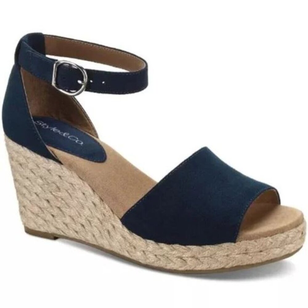 NWT! Style&Co Womens Sz 8.5W Seleeney Faux Suede Espadrille Wedge Sandals Navy
